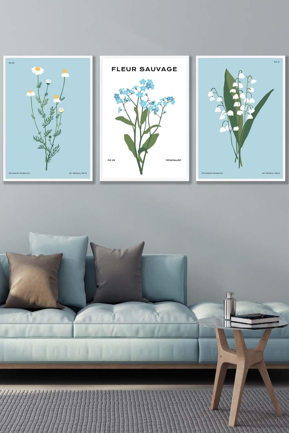Set of 3 White Framed Vintage Graphical Blue Spring Wild Flower Market Wall Art